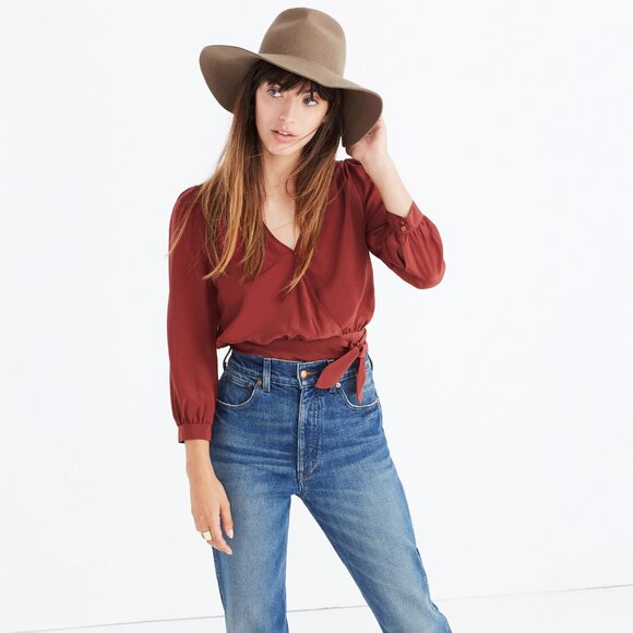 Madewell Silk Wrap Top in Burnished Mahogany - sz Small - Picture 1 of 9